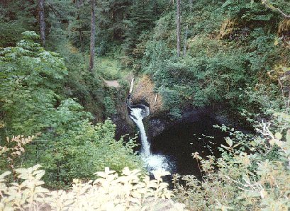 Punchbowl Falls is a favorite with local hikers. The bare spot to the left is where many hikers jump into the icy waters below.